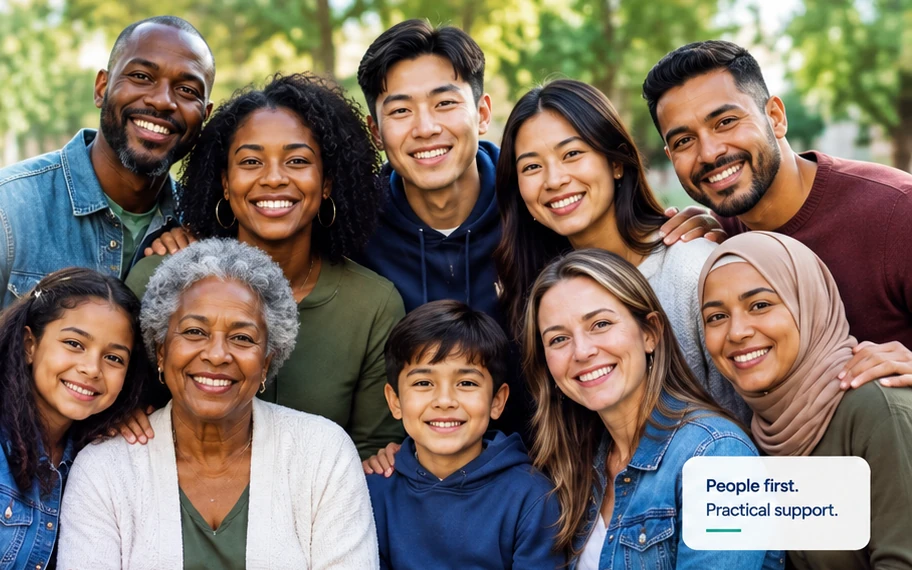 Smiling multigenerational community members from diverse backgrounds